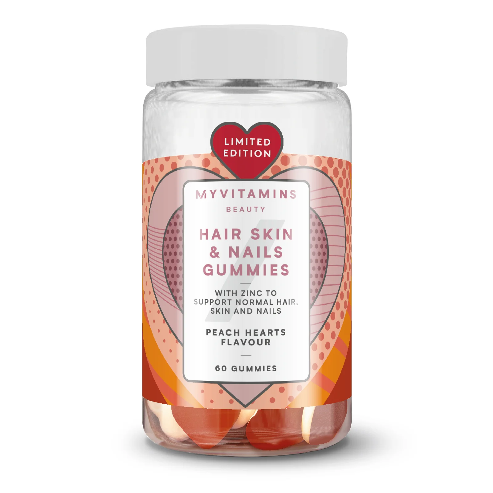 Жевательные витамины для волос, кожи и ногтей со вкусом персика - 60gummies - Peach Heart Изображение 1